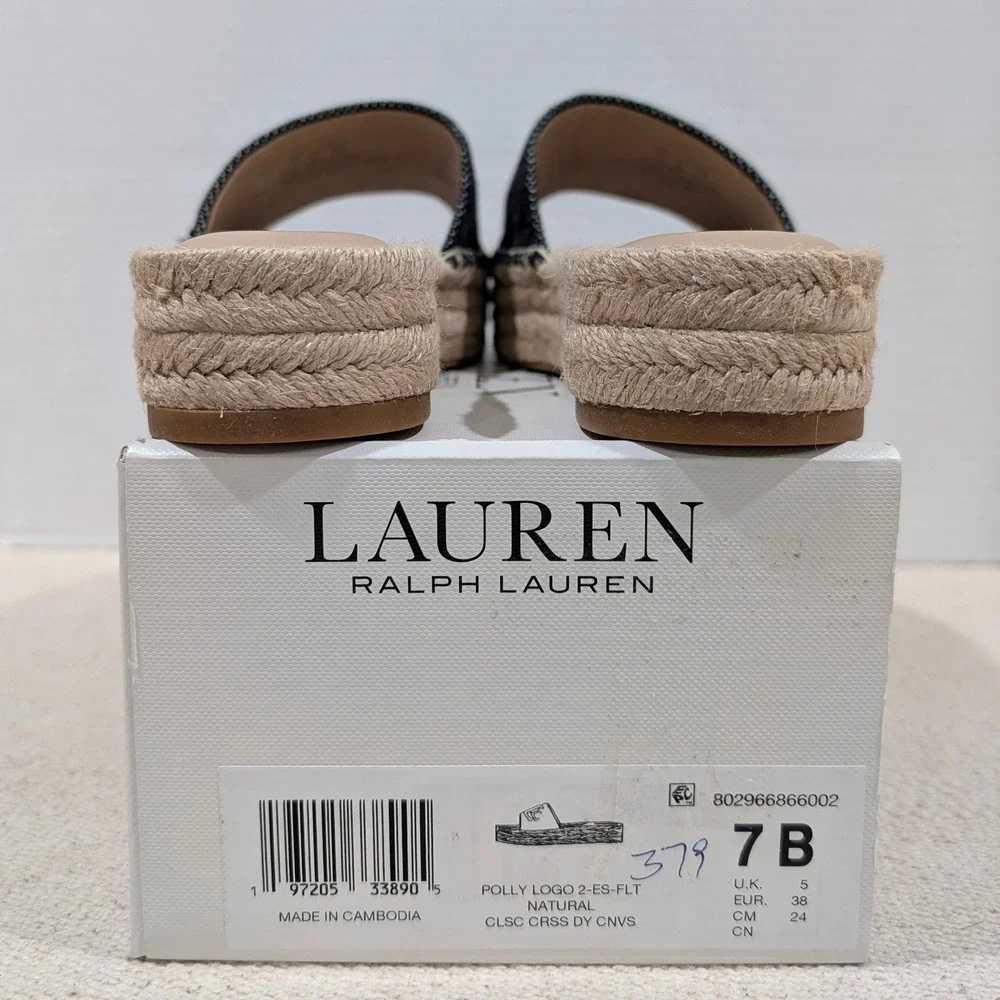 Lauren Ralph Lauren Polly Logo 2 Espadrille Slide Sandals Natural Black 7B NIB